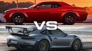 The dodge demon has done it in 9.82 seconds! 2018 Dodge Challenger Srt Demon Vs 2018 Porsche 911 Gt2 Rs Youtube