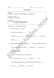 Many students (and adults!) have trouble using the words to, too and two correctly. English Worksheets To Too Two Worksheet