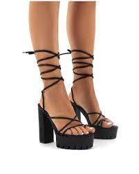 Public Desire Synthetic Spaghetti Black Lace Up Cleated Platform Block High Heels Lyst