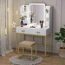 Wood craftsmanship includes a beveled edge top, and a rectangle mirror that is surrounded by 13 brightly shining bulbs. Large Vanity Table Dressing Table Desk With Storage Shelves Vanity Set With Led Lighted Mirror And Cushioned Stool And 2 Drawers For Bedroom Bathroom Walmart Com Walmart Com