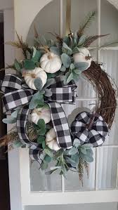 Black And White Fall Decor Fall Farmhouse Wreath Farmhouse Door Wreath White Pumpkin Wreath Elegant Halloween Wreath Buffalo Check Wreath Fall Buffalo Check Farmhouse Fall Decor Diy Fall Fall Deco