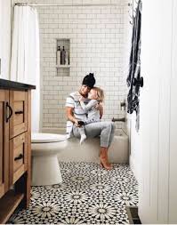 Black And White Cement Tile Bathroom Floor From Ameliahannah Instagram Like The Cement Tile Floor The Stain Of The Wood Vanity Dark Grout Modern Farmhouse Bathroom White Subway Tile Bathroom Makeover