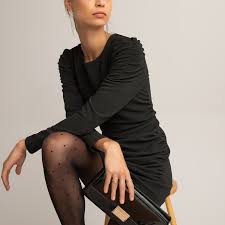 Robe courte grand choix de motifs, robes courtes à pois, fleurs, carreaux, rayé marin et couleurs tendances : Robe Courte Encolure Ronde Manches Longues Noir La Redoute Collections La Redoute