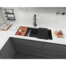 304 stainless steel kitchen sink multiple size single bowl undermount basin for kitchen fixture improvement with drainage. Ariel Enthous Workstation 42 Inch Undermount 16 Gauge Single Bowl Nano Black Stainless Steel Kitchen Sink W Integrated Ledge 15mm Tight Radius Premium Accessories Bundle