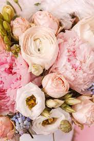 Peonies And Ranunculus Flower Bouquet With Feather On Pink Background Close Up Weddingbouquets Wedding Bouquets Flowers Bouquet Bouquet
