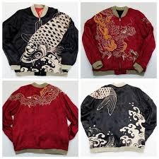 Vintage Black Red Reversible Japanese Japan Dragon Ryu Carp Koi Tattoo Art Design Embroidery Yokosuka Jumper Sukajan Souvenir Jacket Size L Diy Fashion Souvenir Jacket Fashion