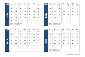 2022 Four Monthly Calendar Template Free Printable Templates
