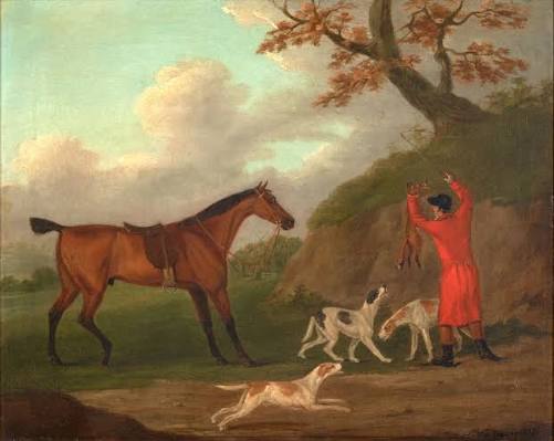 Bonhams Skinner : JOHN NOST SARTORIUS (British, 1759-1828) A Hunter in a Red Coat Holding a Fox (framed 46.5 x 55.5 x 4.0 cm (18 5/16 x 21 7/8 x 1 9/16 in).)
