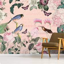 Pink Bird Romance Mural By Andrea Haase Wallsauce Uk Mural Wallpaper Mural Bird Wallpaper