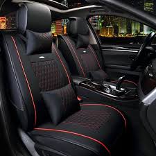 Black And Red Leather Car Interior 11pcs Full Set Car Seat Cover Headrest Pillow Waist Pillows Cushion Pu Leather Black Red Auto Car Interior Accessories Universal For 5 Seats Car Leather Car Seat Covers Car Interior