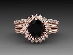 Engagement ring sunflower wedding ring. Sunflower Black Diamond Engagement Ring Set Rose Gold Etsy