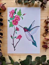Hummingbird Art, Print, Gifts, 5x7 Print, Vintage, Pink Flower Wall Art,  Gift for Mom, for Friend, Birthday, Nature Art Print, Framable