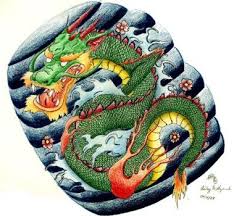 This image frames written symbols with the tree bending up above and the roots the cherry blossom flowers are red with pink shading behind to fill the tree out. Blind Colorful Japanese Dragon In Waves With Cherry Blossom Tattoo Design By Sketch Book Flavor Tattooimages Biz