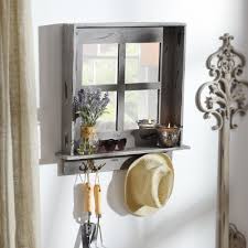 Rustic white window pane style mirror shabby chic wall mounted home garden gift. Gray Window Pane Wall Shelf Mirror With Hooks Old Window Decor Mirror With Hooks Decor