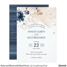 Navy And Blush With Hand Drawn Flowers Wedding Invitation Zazzle Com Wedding Invitation Cards Fun Wedding Invitations Wedding Cards
