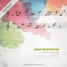 Music background with notes and watercolor texture. Free Vector Background Of Watercolor Stains With Pentagram And Musical Notes