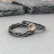 Round Peach Morganite Black Gold Celtic Wedding Ring Set Trinity Braided Celtic Engagemen Celtic Wedding Ring Sets Celtic Wedding Rings Celtic Engagement Rings