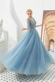 Bmbridal Dusty Blue V Neck Half Sleeve Prom Dress Long With Beadings Lace Up Prom Dresses With Sleeves Gowns Prom Dresses Long