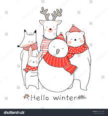 Draw Vector Illustration Cute Animal Rabbit Bear Deer Fox With Beauty Red Scarf For Christmas And New Year Doodl Christmas Bear Christmas Doodles Fox Christmas