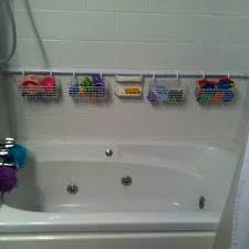 Duh After All Of The Frustration With The Lame Suction Cup Hangers Shower Rod Against Back Wall With Wire Hang Bathtub Toy Storage Tub Toys Shower Rod