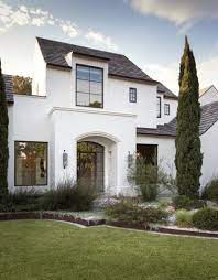 Unpainted (natural) stucco plaster reveals the state of water absorption by changing color. White Houses With Black Trim Inspiration Life On Virginia Street White Stucco House Stucco Homes Modern Mediterranean Homes