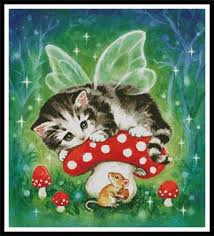  fantasy   mushrooms and toadstools   forest  Kitten Fairy On Mushroom Cross Stitch Pattern