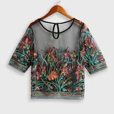 How to embroider flowers on a shirt. Anself Women See Through Blouse Transparent Mesh Floral Embroidered Half Sleeves Sheer Plus Size T Shirts Casual Tops Black Walmart Com Walmart Com