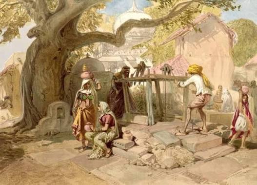The village well - 1867 Painted by William Simpson This chromolithograph is taken from plate 24 of William Simpson's 'India: Ancient and Modern'. The well was a centre of village life. Women