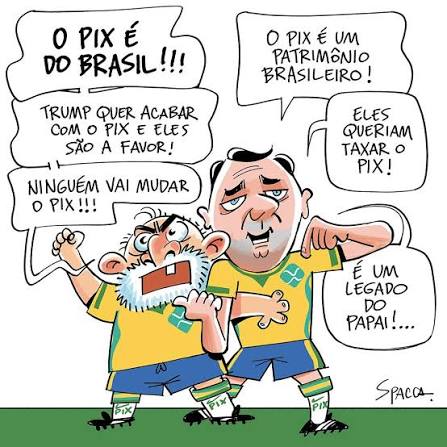 Vai, Pix! Charge de João Spacca para a newsletter desta segunda-feira (6). #meio #newsletter #charge #flaviobolsonaro #lula