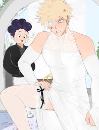 riffraffhellyea, bakugou katsuki, mineta minoru, boku no hero academia,  highres, 2boys, alternate costume, anger vein, bare shoulders, black  jacket, black ribbon, blonde hair, blush, clenched teeth, covered  collarbone, crossdressing, detached sleeves ...