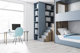 Please keep in mind that the top bunk foot board will have the gap that is the entryway for the stairway. Corner Of Modern Bedroom With White Walls Wooden Floor Gray Stock Photo Picture And Royalty Free Image Image 113595772