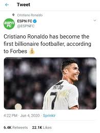 Ronaldo sits in second place in the list of the world's highest paid athletes in 2020, and he has several key sponsors including the likes of nike, unilever and dazn. Cristiano Ronaldo Is Football 1st Billionaire Forbes Sports Nigeria