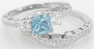 10k white gold aquamarine march birthstone and 6 round diamonds proposal ring. Princess Cut Aquamarine Engagement Ring And Matching Wedding Band With Vintage Antique Inspiration Gr 1081