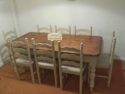 Farmhouse Table With Eight Ladder Back Chairs Painted In Annie Sloan Country Grey Reupholstered Old Kitchen Tables Farmhouse Dining Table Dining Table Chairs