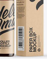 Download Dark Amber Glass Roller Bottle With Kraft Box Mockup In Bottle Mockups On Yellow Images Object Mockups