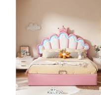 Lit coffre rembourré en similicuir 140x200cm - lit princesse avec LED et  moulures en couronne - Rose