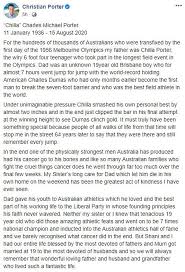 Braxton franklin porter born 10 jan 1862 gibson county, indiana died 27 dec 1920 christian county, illinois married. Olympic Hero And Father Of Attorney General Christian Porter Dies After Battle With Cancer Aged 84 Daily Mail Online