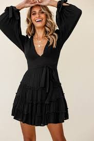 Jocelyn Long Sleeve Tied Cuff Frill Dress Black In 2020 Frill Dress Dresses Black Dress