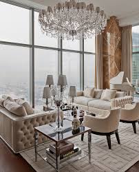 Gorgeous Luxury Glam Style Beige Living Room Decor With Beige Velvet Tufted Sofas And Crystal D In 2020 Glam Interior Design Beige Living Room Decor Luxury Living Room