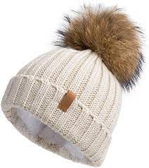 Pilipala Women Knit Winter Turn Up Beanie Hat By With Fur Pompom Vc17604 Beige Gold Pompom At Amazon Women S Clothing S Knit Beanie Hat Beanie Hats Bobble Hats