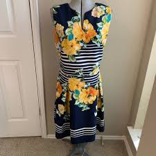 Dressbarn Floral And Blue Striped Party Dress