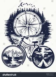 Bicycle And Mountains Tattoo Art Symbol Of Travel Tourism Adventure Compass Fahrrad Adventure Art Bicycle Tattoo Bike Drawing Mountain Tattoo
