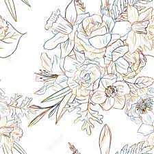 Clicca sulle immagini per l'ingrandimento. Vettoriale Disegno Floreale Senza Soluzione Di Continuita Con Un Colorato Doodle Fiore Da Matite Colorate Rose Narcisi Fiori Di Giglio Germogli E Foglie Disegnati A Mano Illustrazione Vettoriale Linea Image 42119426