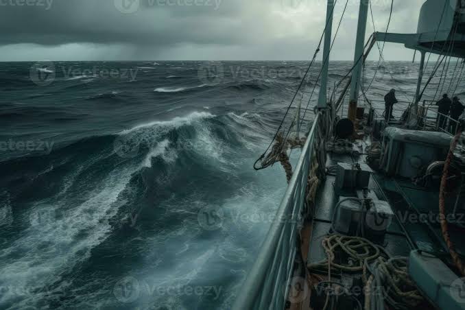 Ship during strong Hurricane , A lot of splashes. View from bridge. Sea water clinging to the