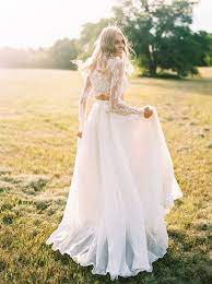 Bridal Separate With A Long Sleeve Lace Bodice And A Flowy Tulle Skirt Crop Top Wedding Dress Country Wedding Gowns Top Wedding Dresses
