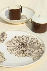 The mark on the jug is for potter thompson harrington who ran the lyons, new york, pottery from 1852 to 1872. 60s 70s Vintage Royal China Serveware Retro Mod Brown Zinnia Flower On White Ironstone