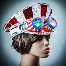 White USA Steampunk Burning Man Goggle Cap Festival Party Captain Sequin  Hat NEW