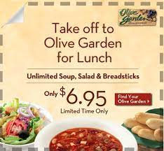 Olive Garden Unlimited Soup Salad And Breadsticks For 6 95 Olive Garden Coupons Yummy Lunches Olive Gardens