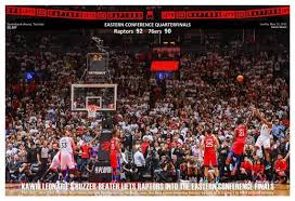 Kawhi leonard squatted and watched as his moon shot from the corner bounced off the rim an agonizing once, twice, three times, then four before leonard had never experienced it because it had never happened. Kawhi Leonard Buzzer Beater Sends Raptors To Eastern Finals Etsy Eastern Conference Finals Buzzer Raptors