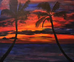 An original hand painted acrylic painting of a ocean sunset seascape. Palm Tree Ocean Sunset Ivy Bath